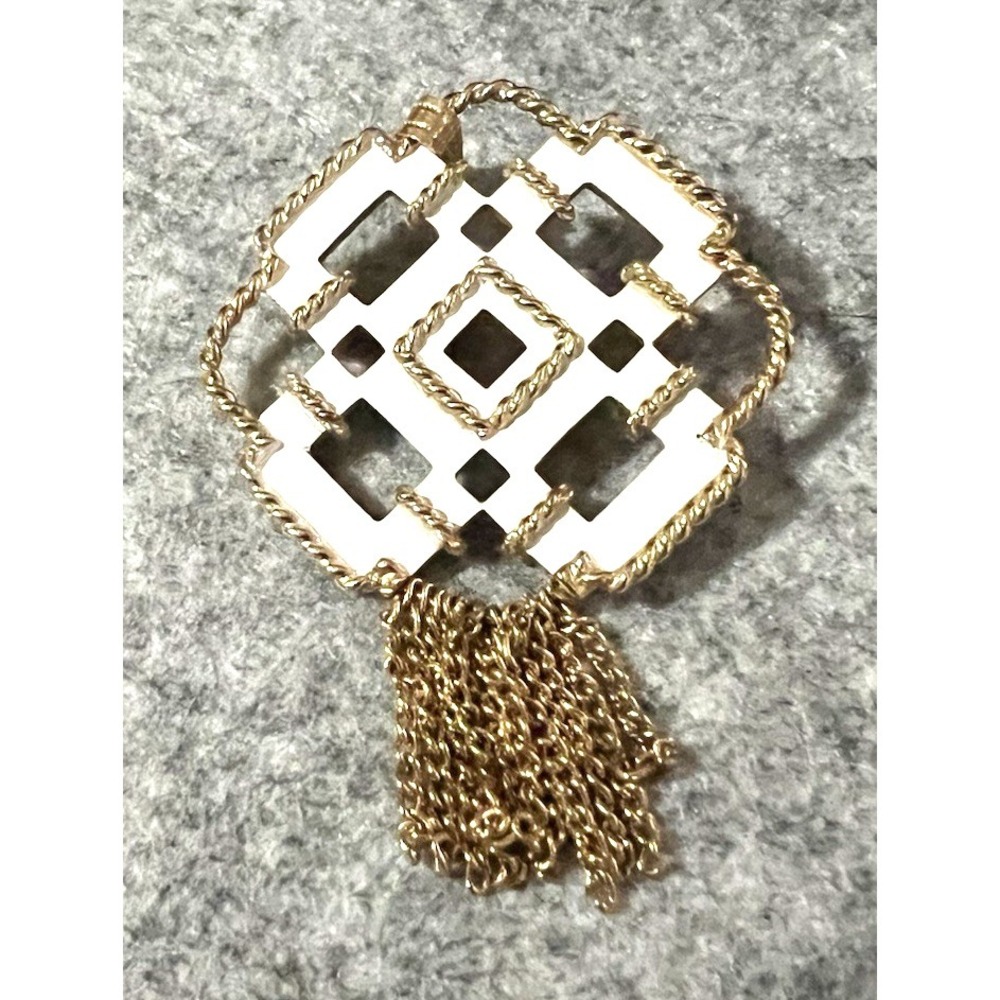 Geometric Shape White Enamel Gold Wire Tassels AVON Vintage pendant Brooch